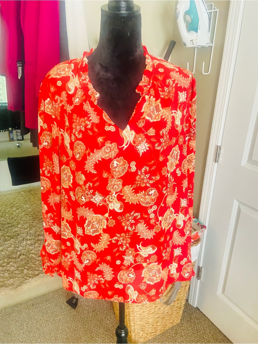 Rose & Olive Red Floral Maxi Skirt with Cream-Tan Blooms